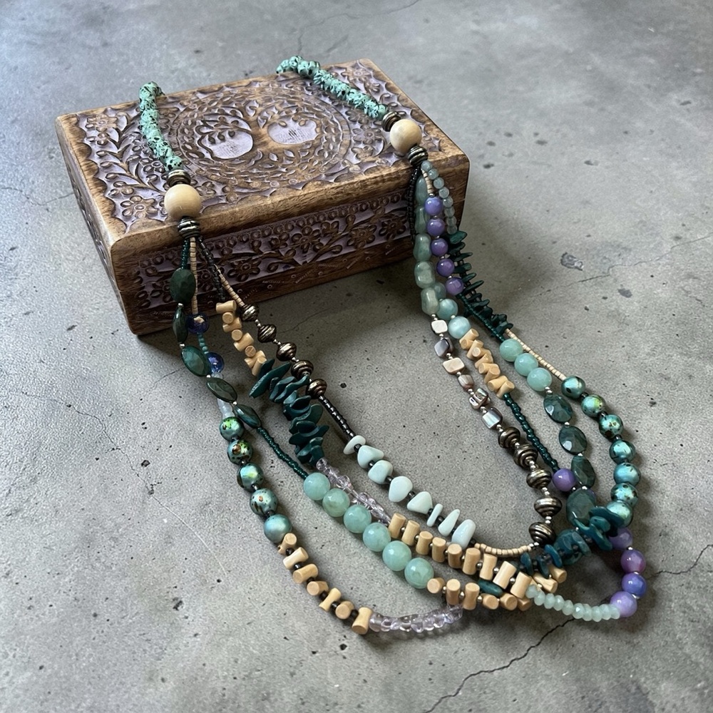 Chico's Boho Multi-Strand Beaded Necklace in Turquoise, Teal & Lavender